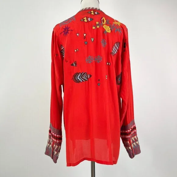 NWOT Johnny Was Biya Reverie Silk Floral Embroidered Red Shirt Blouse Size M - Picture 7 of 13